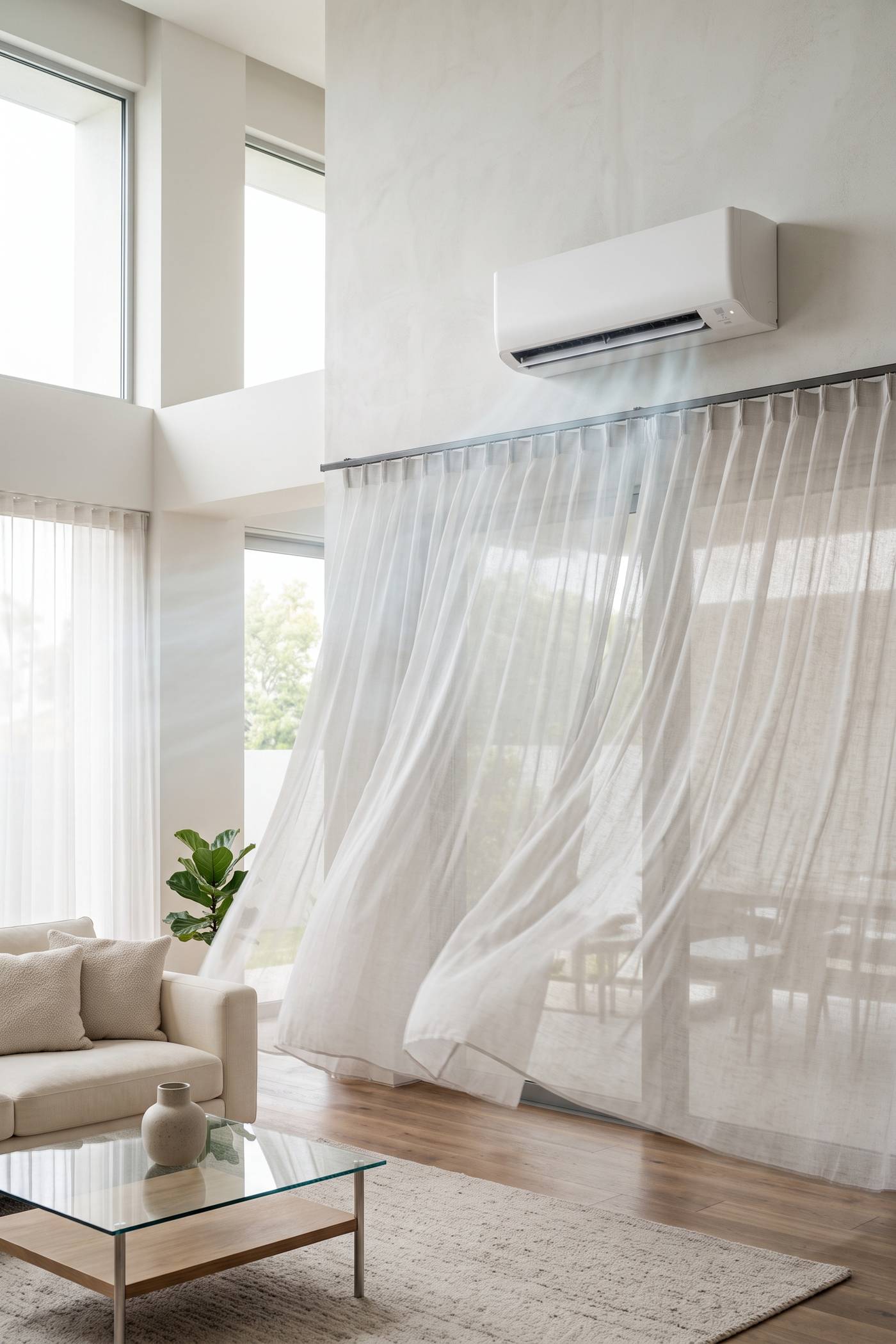 Salón luminoso con un aire acondicionado de pared y las cortinas al viento